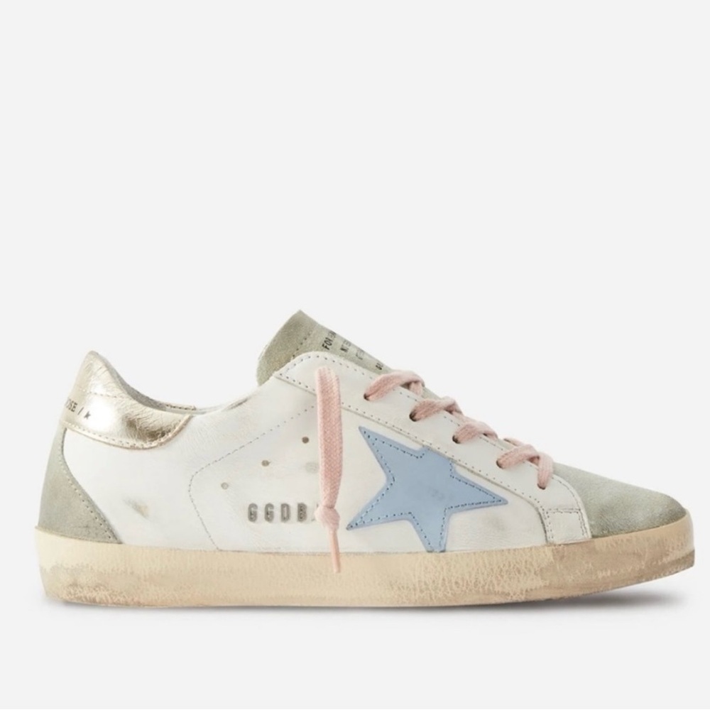 Golden Goose White Super-Star with Blue Star and Pink Laces
